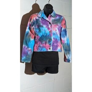 Liz Claiborne Tie Dye Denim Jean Jacket Colorful 100% Cotton Size 4 Petite